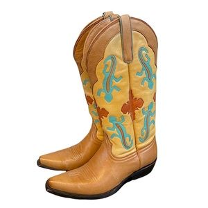 “SALE” LANE Boots Iguana Embroidered Tan Leather Cowgirl Boots 6